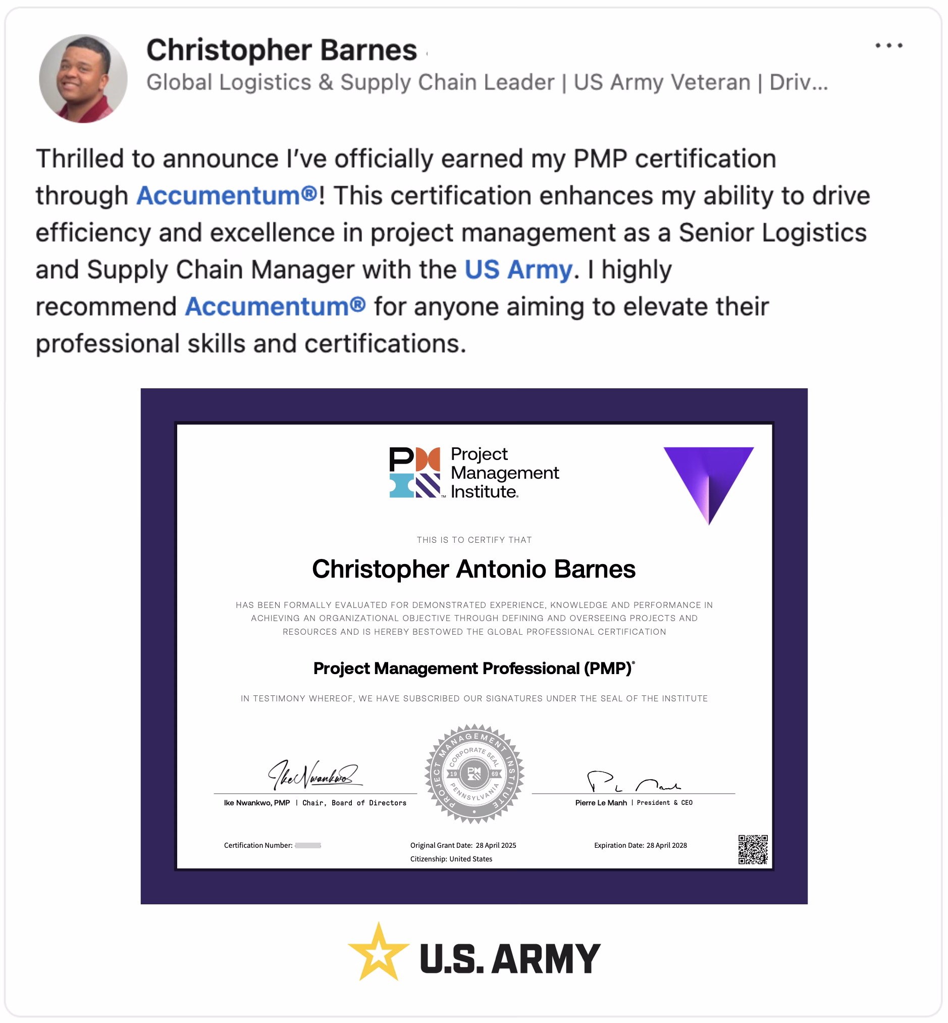 Client Endorsement of Accumentum Project Management Certification Training with Army Credentialing Assistance